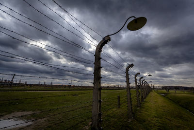 Electricity pylon on field against sky