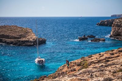 Scenic view of sea against clear blue sky