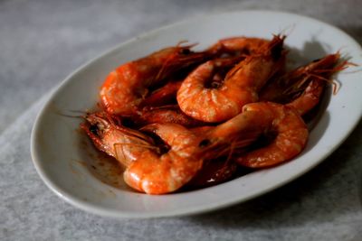 High angle view of prawns in bowl
