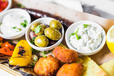 High angle view of food served on table