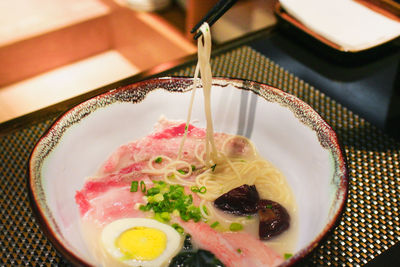 High angle view of noodles with eggs in bowl