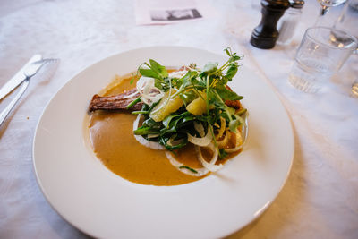 High angle view of food served in plate
