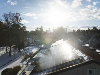 High angle view of solar panels on roof