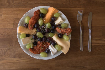 High angle view of fruits in plate on table