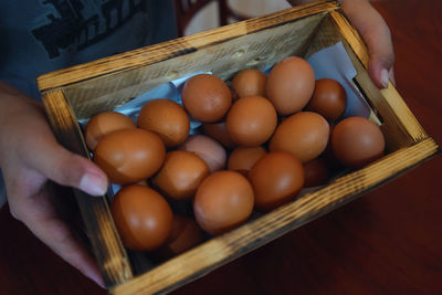 High angle view of hand holding eggs in container
