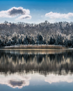 Scenic view of lake against sky during winter