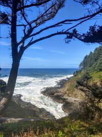 Scenic view of sea against clear blue sky