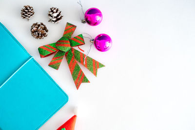 High angle view of christmas decorations on table