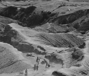 Rear view of people horseback riding on landscape