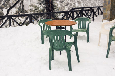 Empty chairs and table at outdoor cafe