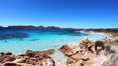 Scenic view of sea against clear blue sky