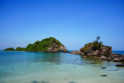 Scenic view of sea against clear blue sky