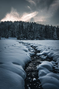 Scenic view of frozen stream against sky during winter