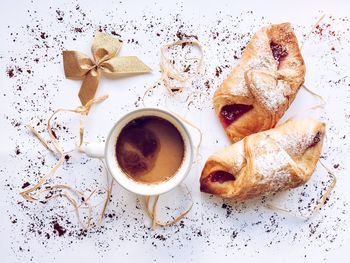 High angle view of breakfast served on table