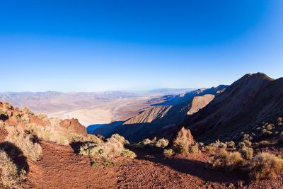 Panoramic view of mountains against clear blue sky