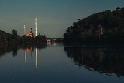 Scenic view of lake by building against sky