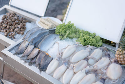 High angle view of fish for sale in market
