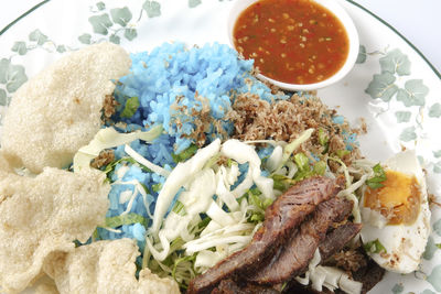 High angle view of breakfast served on table