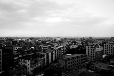 High angle view of buildings against sky