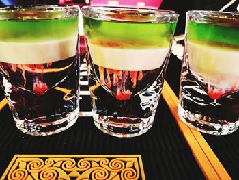 Close-up of wine glasses on table