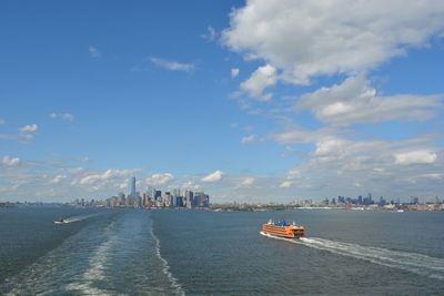High angle view of staten island ferry sailing in river