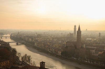 Buildings in city at sunset