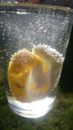 Close-up of beer glass on table