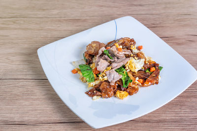 High angle view of food in plate on table