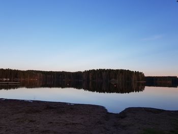 Scenic view of lake against clear blue sky