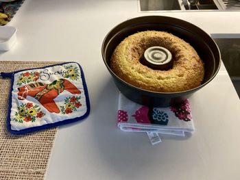 High angle view of dessert in plate on table