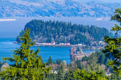 High angle view of bay against sky