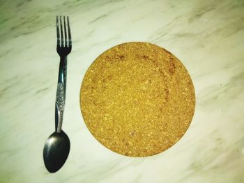 High angle view of bread in plate on table