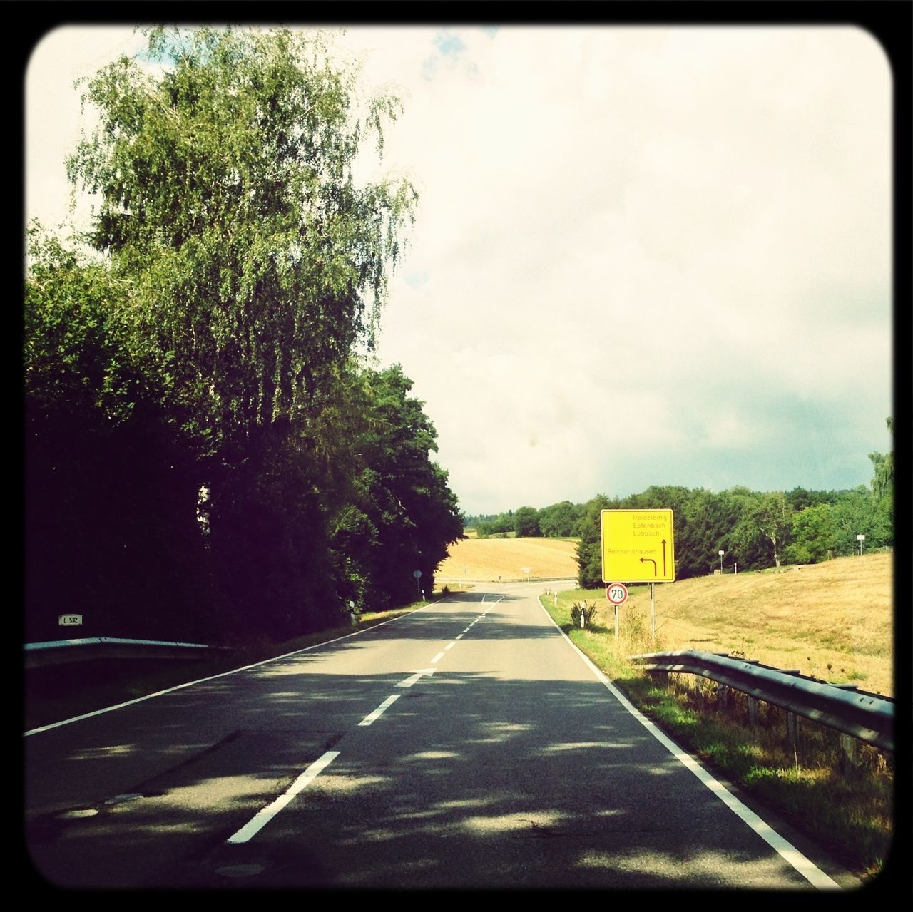 transfer print, the way forward, tree, road, sky, transportation, diminishing perspective, auto post production filter, road marking, vanishing point, empty, cloud - sky, street, empty road, country road, long, outdoors, day, growth, cloud