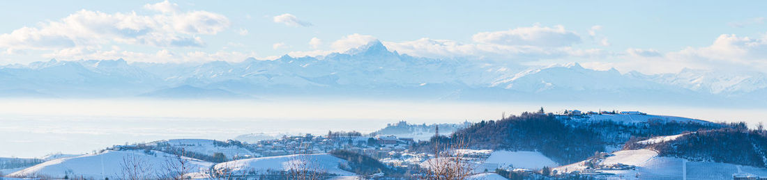 Panoramic view of snowcapped mountains against sky