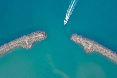 High angle view of sea and boat