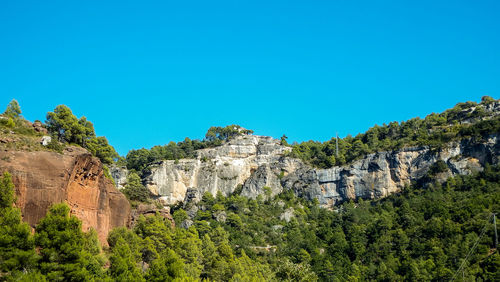 Panoramic view of rocky mountains against clear blue sky