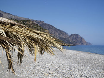 Scenic view of sea and mountains against clear blue sky