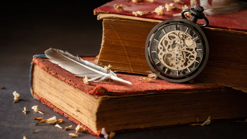 Close-up of old books on table