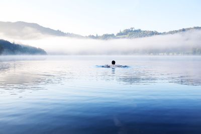 Rear view of man swimming in lake