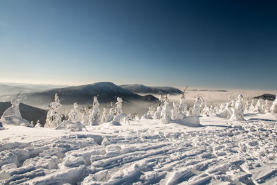 Scenic view of snow covered landscape against sky