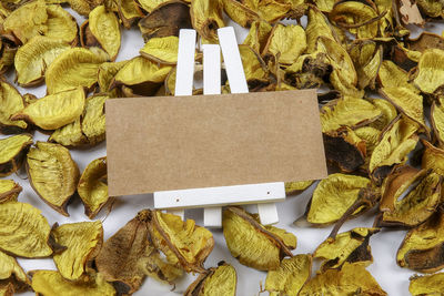 Close-up of dry leaves and easel over white background