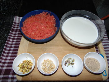 High angle view of breakfast on table