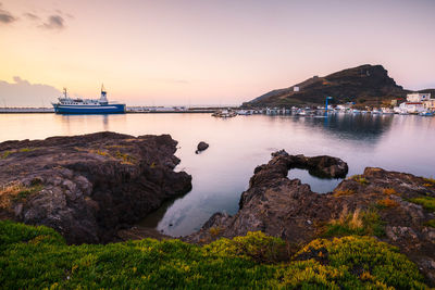 Morning view of the harbour in psara village, greece.