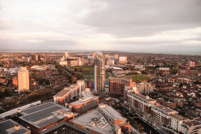 Portsmouth, united kingdom - aerial view of gunwharf keys designer outlet and the city centre