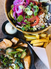 High angle view of food in plate on table