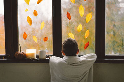 Rear view of woman looking through window