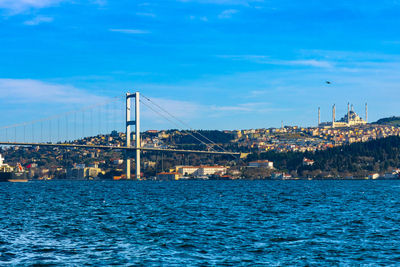 Suspension bridge over sea and cityscape against sky
