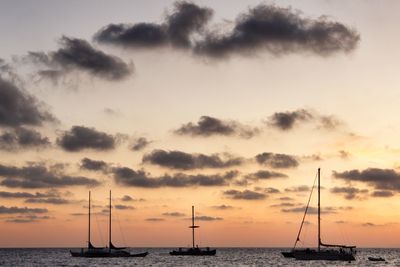 Silhouette sailboats in sea against sky during sunset