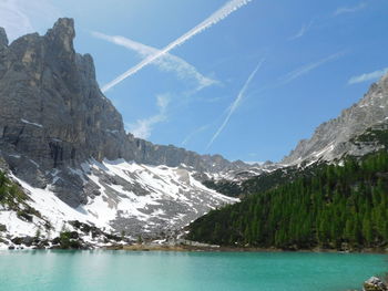 Scenic view of lake and mountains against sky