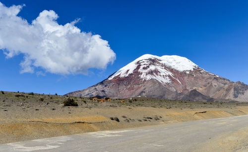 Scenic view of snowcapped mountains against blue sky